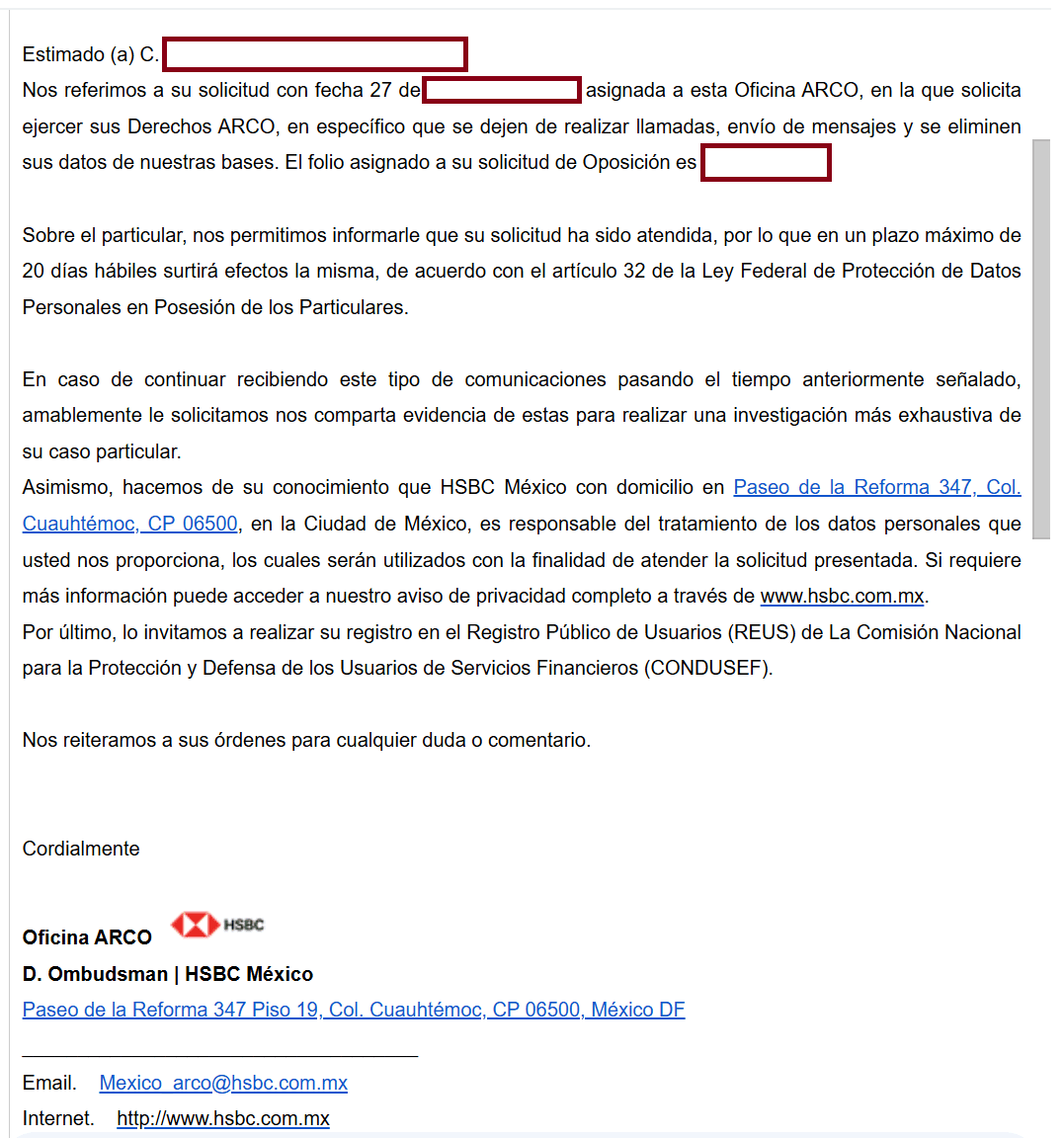 Evidencia de cancelación de datos HSBC