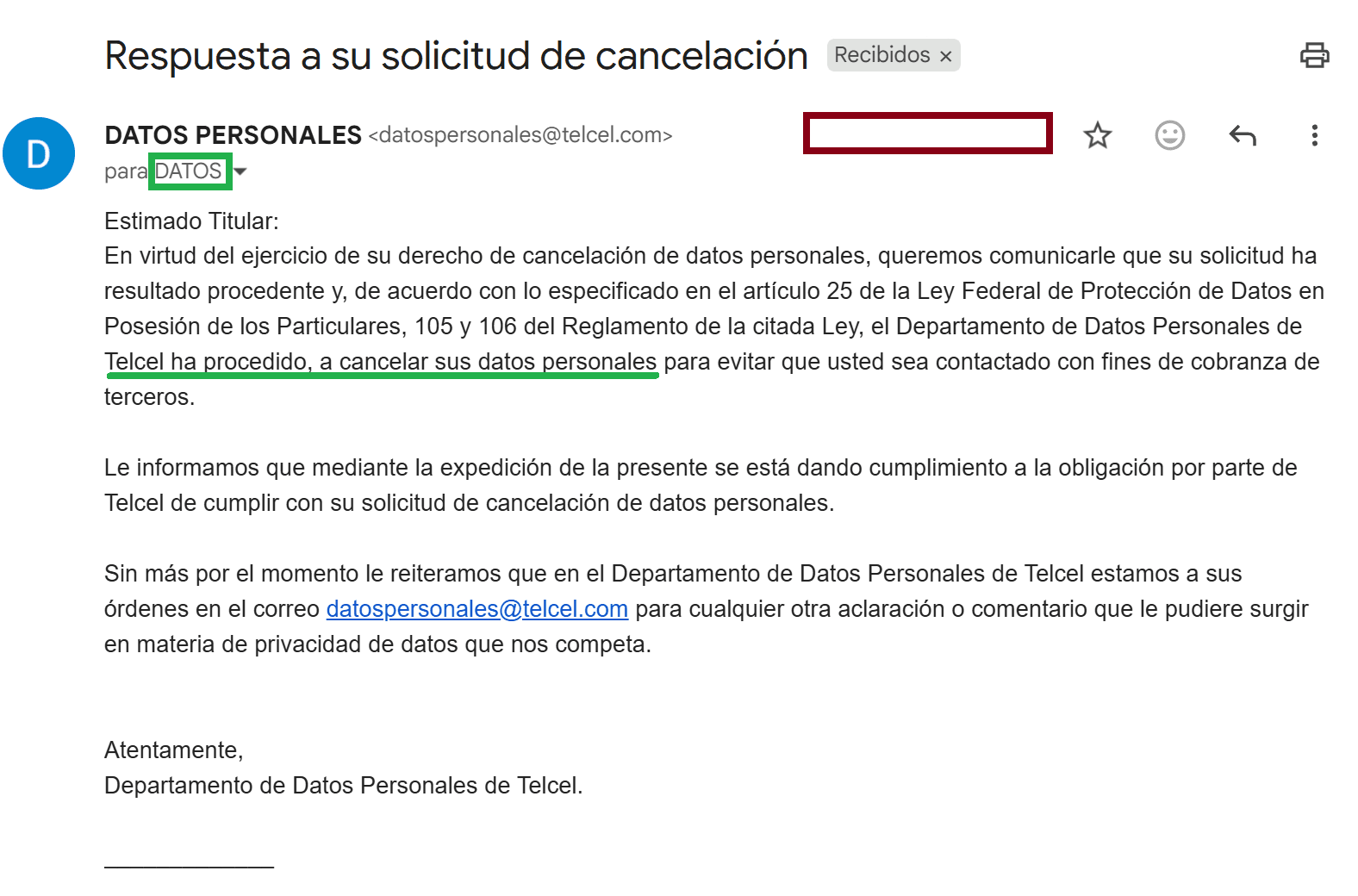 Evidencia de cese de marketing Telcel